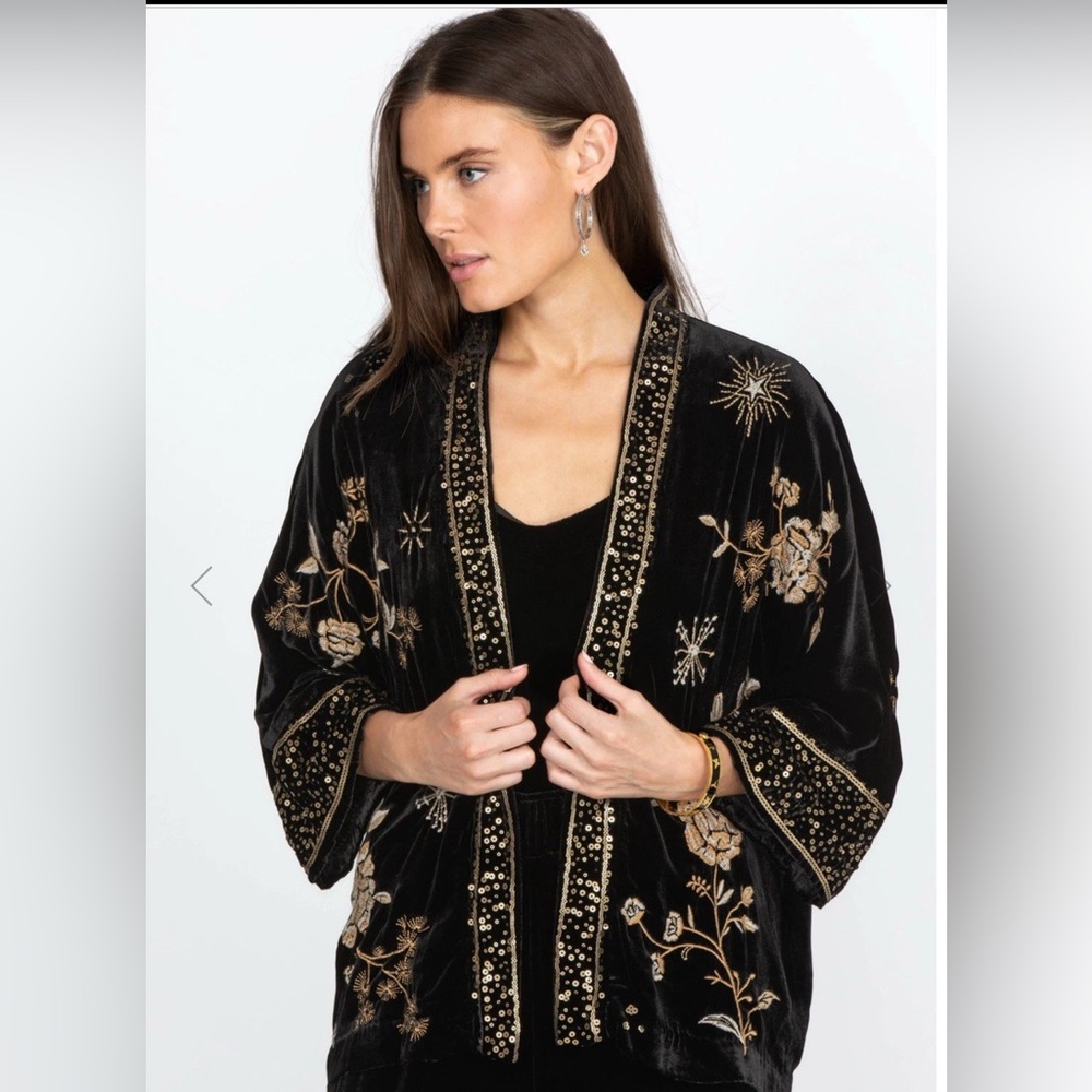 NWT Johnny Was Black & Gold Velvet & Sequins Silk Lining Kimono Jacket XXS -XS